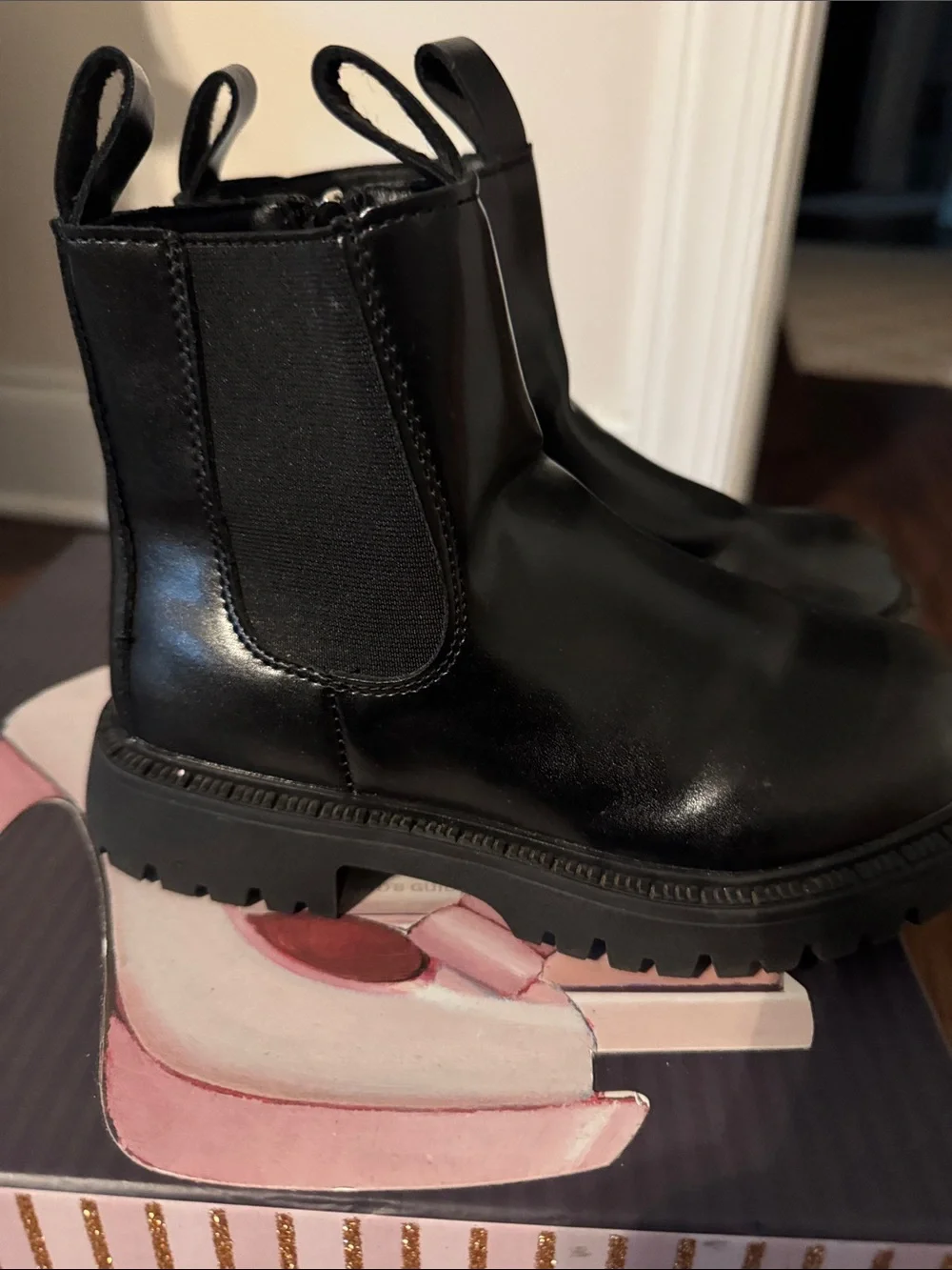 Kids Black Lug-Sole Chelsea Boots with Side Zip